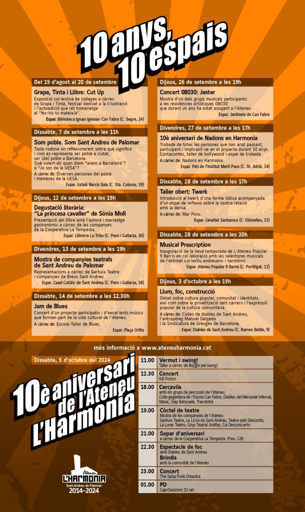 Cartell programació especial 10 anys Ateneu L'Harmonia